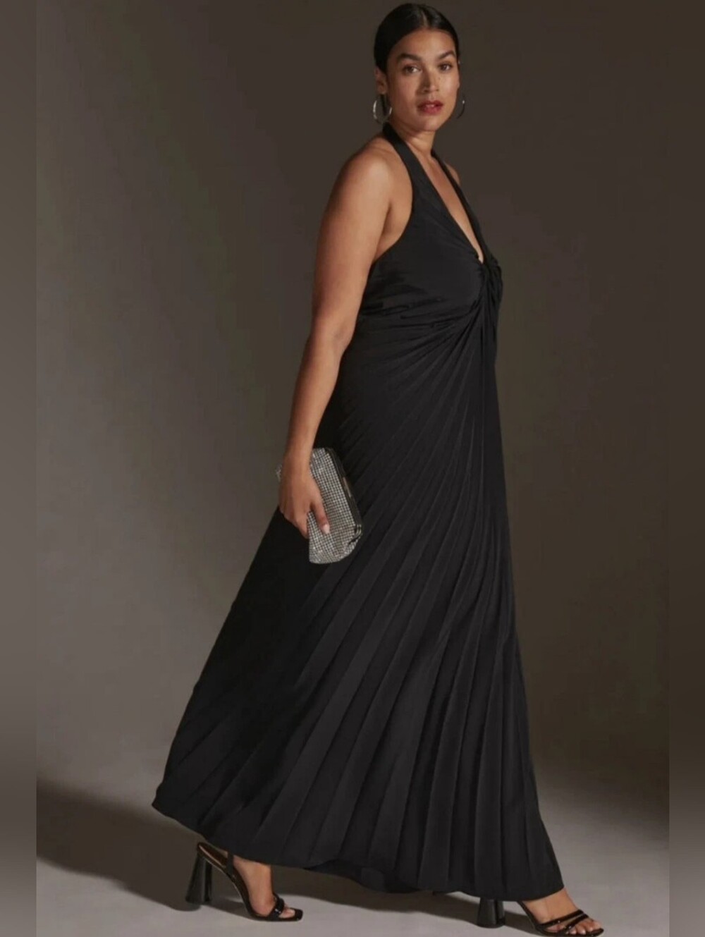 NWT By Anthropologie Pleated Halter Black Midi Dress Size 12